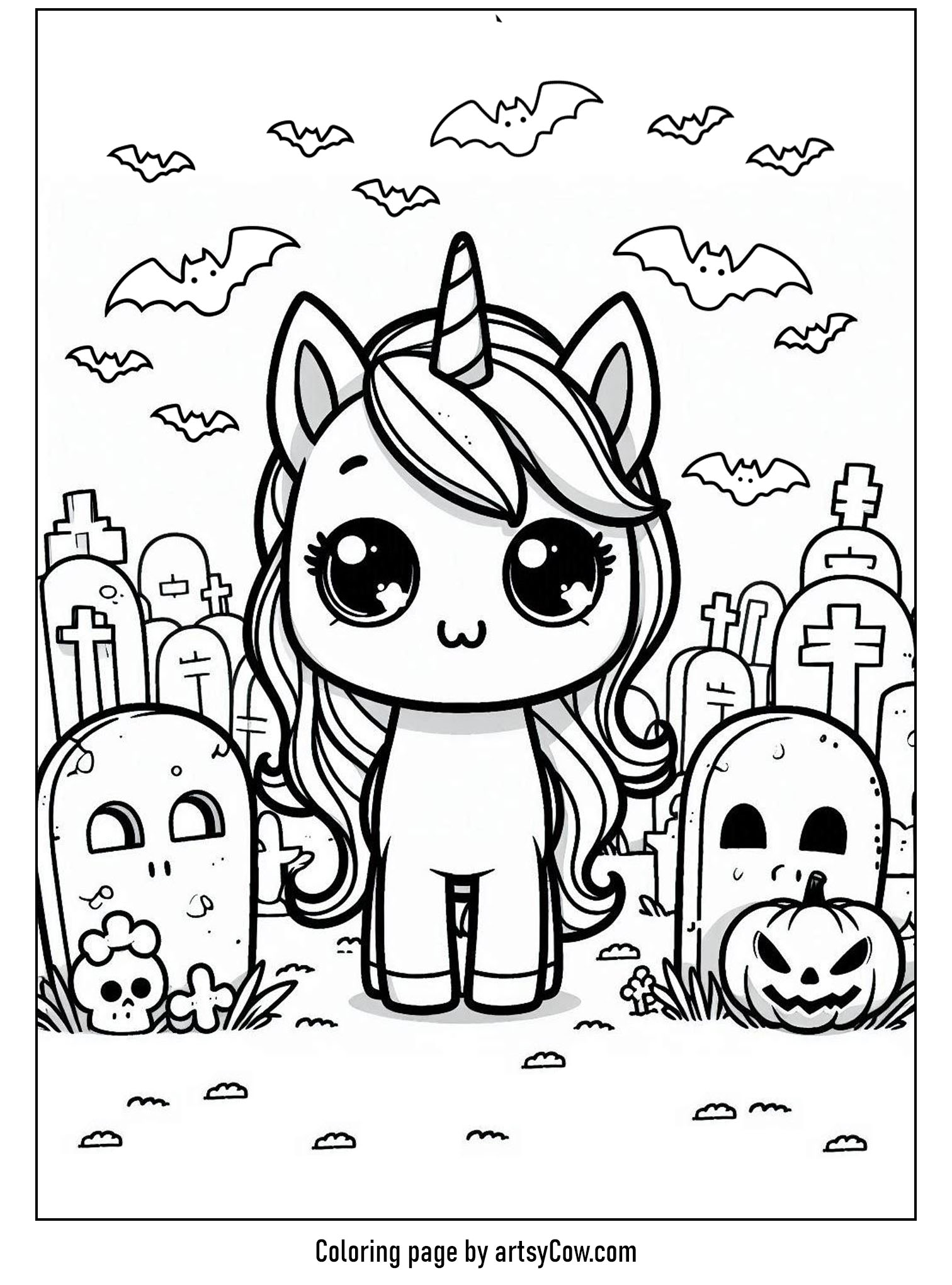 halloween coloring pages with unicorn 2 featuring a cute unicorn standing in a graveyard with tombstones and bats flying in the background.